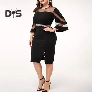 Женское платье весна-осень с разрезом по низу, прозрачная сетка, пэчворк, рукав три четверти, круглый вырез, большие размеры, рог, блестящие пайетки, облегающий крой, длина до колена 4XL чёрный