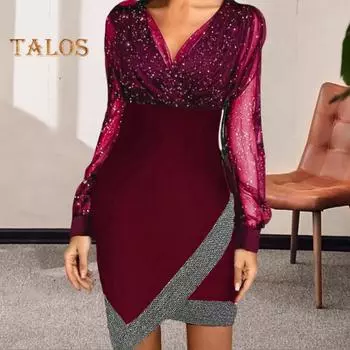 Женское платье весна-осень с V-образным вырезом, рукавами-фонариками, неровным подолом, прозрачная сетка, пайетки, пэчворк, облегающее, длиной выше колена, мини-платье для выпускного вечера S чёрный