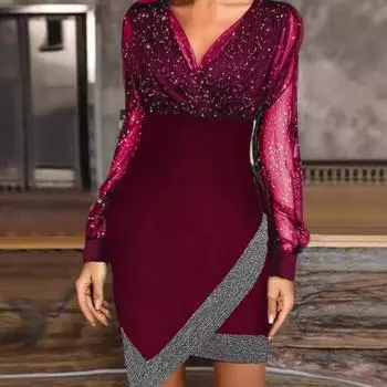 Женское платье весна-осень с V-образным вырезом, рукавами-фонариками, неровным подолом, прозрачная сетка, пайетки, пэчворк, облегающее, длиной выше колена, мини-платье для выпускного вечера S вино красного