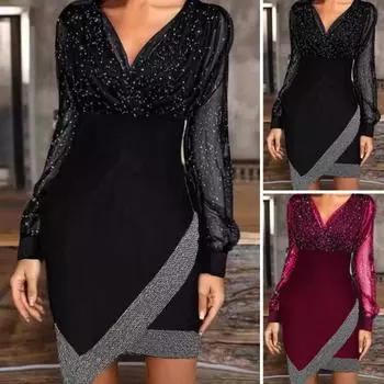 Женское платье весна-осень с V-образным вырезом, рукавами-фонариками, неровным подолом, прозрачной сеткой и пайетками S чёрный