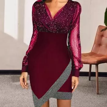 Женское платье весна-осень с V-образным вырезом, рукавами-фонариками, неровным подолом, прозрачной сеткой, пайетками, в стиле пэчворк, сверху S чёрный