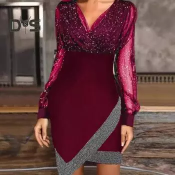 Женское платье весна-осень с V-образным вырезом, рукавами-фонариками, неровным подолом, прозрачная сетка, пайетки, пэчворк, облегающее, длиной выше колена, мини-платье для выпускного вечера S вино красного