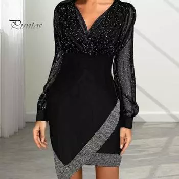 Женское платье весна-осень с V-образным вырезом, рукавами-фонариками, неровным подолом, прозрачная сетка, пайетки, пэчворк, облегающее, длиной выше колена, мини-платье для выпускного вечера S вино красного