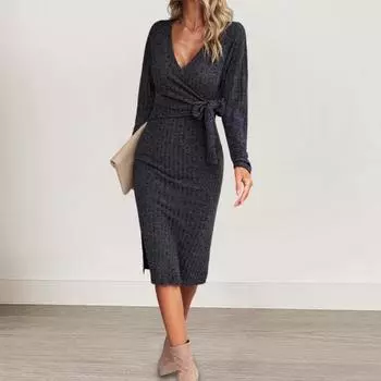 Женское платье весна-осень с V-образным вырезом, на шнуровке, облегающее, с длинными рукавами, длиной до колена, трикотажное S зелёный