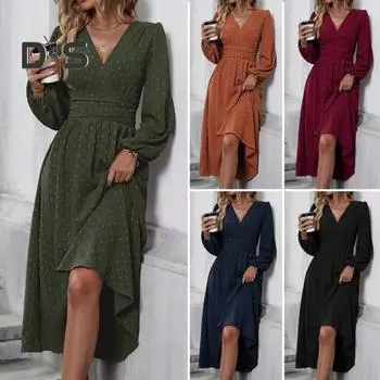 Женское платье весна-осень с V-образным вырезом, тонкой талией, длинными рукавами-фонариками, А-силуэта, плиссированное, длиной до середины икры, струящееся платье для выпускного вечера, вечеринки, свидания, миди-платье S вино красного