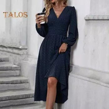 Женское платье весна-осень с V-образным вырезом, тонкой талией, длинными рукавами-фонариками, А-силуэта, плиссированное, длиной до середины икры, струящееся платье для выпускного вечера, вечеринки, свидания, миди-платье S кирпич красный