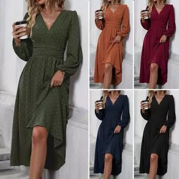 Женское платье весна-осень с V-образным вырезом, тонкой талией, длинными рукавами-фонариками, А-силуэта, плиссированное, длиной до середины икры, струящееся платье для выпускного вечера, вечеринки, свидания, миди-платье S кирпич красный