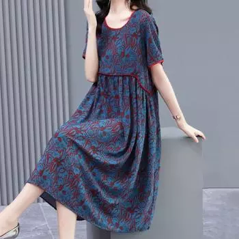 Женское платье, винтажное лоскутное платье с цветочным принтом и круглым вырезом, с коротким рукавом, свободное до колена, плиссированное летнее платье миди для мамы 3XL синий