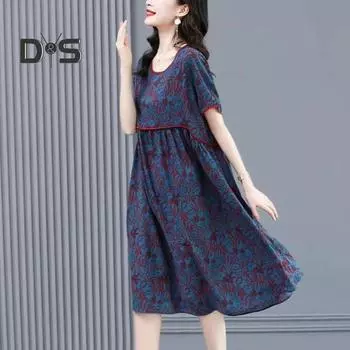 Женское платье, винтажное лоскутное платье с цветочным принтом и круглым вырезом, с коротким рукавом, свободное до колена, плиссированное летнее платье миди для мамы 3XL синий