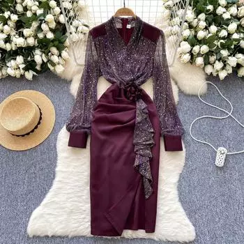 Женское платье во французском стиле с V-образным вырезом, длинными рукавами, сеткой, пайетками, 3D-цветочным принтом, шикарное атласное вечернее платье для пожилых людей S вино красного