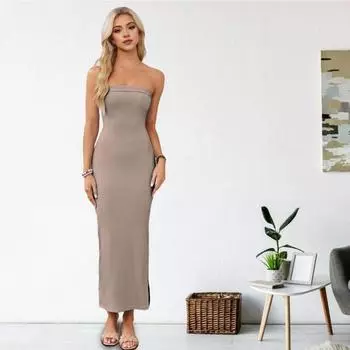 Женское платье выпускного вечера с открытыми плечами, бандо, без рукавов, с открытой спиной, Slim Fit, чистый цвет, с разрезом по бокам M светло-синий