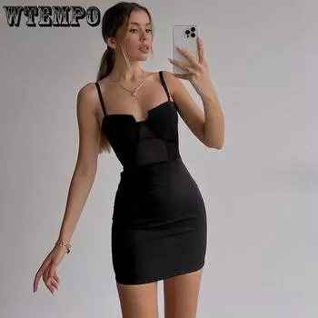 Женское платье Y2k, летнее сексуальное платье на бретельках с глубоким вырезом на одно плечо, тонкая сумка, модные вечерние платья, платье-комбинация с высокой талией и открытыми плечами S чёрный