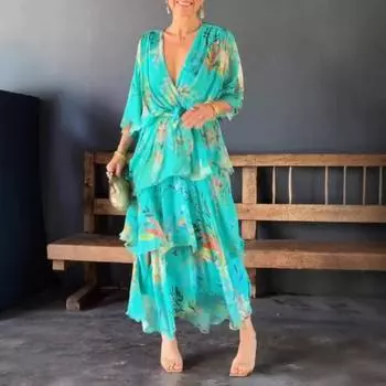 Женское платье Yousheng, многослойный подол, шнуровка, тонкая талия, красочный принт, макси-платье со средним рукавом и V-образным вырезом, праздничное платье для отпуска XXL темно-синий