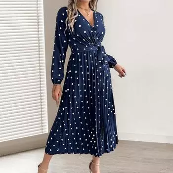 Женское платье Yousheng с длинным рукавом, V-образным вырезом, горошек, завязывающимся на талии, длинное плиссированное платье для офисных вечеринок, свиданий S темно-синий