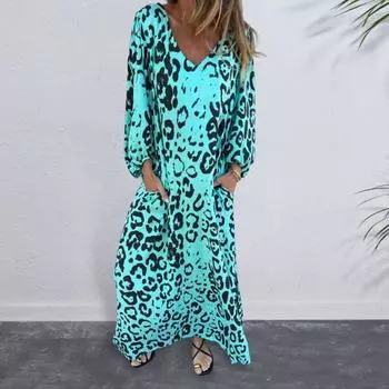 Женское платье Yousheng с леопардовым принтом, платье макси с V-образным вырезом и длинными рукавами, повседневное свободное весенне-летнее платье для офиса, повседневной носки, для вечеринок и каникул S
