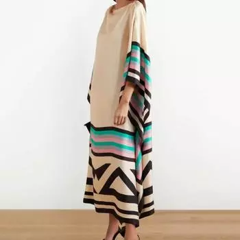 Женское платье Yousheng с нерегулярным струящимся подолом в полоску с принтом и вырезом «лодочка» и длинными рукавами, подходящее по цвету, свободное прямое платье макси для выпускного вечера M бежевый