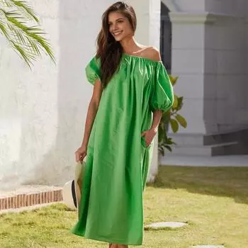 Женское платье Yousheng с открытыми плечами, короткими рукавами и эластичными манжетами, плиссированное, свободное, однотонное, с боковыми карманами, пляжное платье миди для отдыха XL зелёный