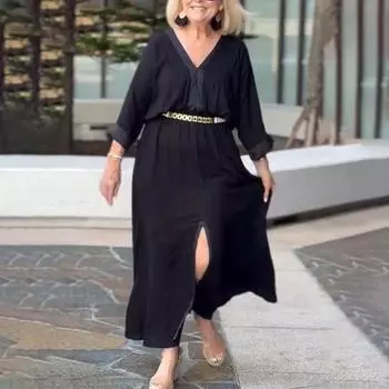 Женское платье Yousheng с рукавами три четверти, V-образным вырезом, однотонное, с разрезом по низу, свободное макси-платье с тонкой талией, повседневное платье для свиданий, летнее пляжное платье для вечеринок XL чёрный