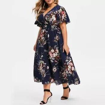 Женское платье Yousheng с V-образным вырезом, высокой резинкой на талии, цветочным принтом, А-силуэтом, большим подолом, оборками на рукавах, плиссированное платье макси размера плюс XXXXL абрикосовый