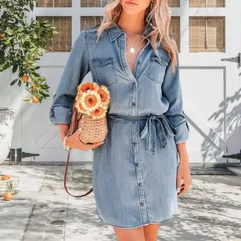 Женское платье Yousheng Spring с отложным воротником, однобортное, со шнуровкой на талии, длинными рукавами и нагрудными карманами, джинсовое платье для повседневной носки и свиданий S светло-синий
