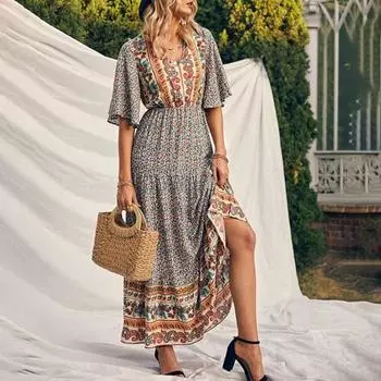 Женское платье Yousheng в этническом стиле с принтом в виде бохо, V-образным вырезом, короткими рукавами, эластичной талией, плиссированными пэчворк-платьями макси, летнее пляжное платье для отдыха L красный