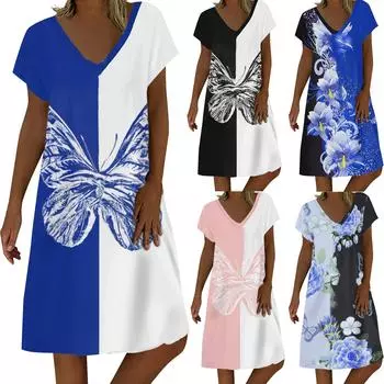 Женское платье, женское летнее богемное платье с коротким рукавом, повседневные летние платья, платья с цветочным принтом и открытыми плечами XXL синий