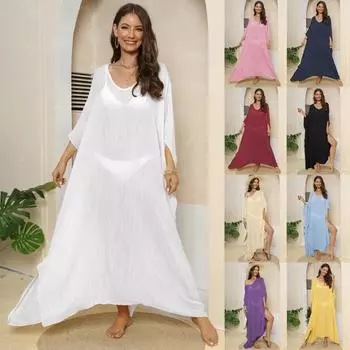 Женское платье Женское однотонное свободное платье-рубашка для пляжного отдыха с разрезом в пол Платья M белый