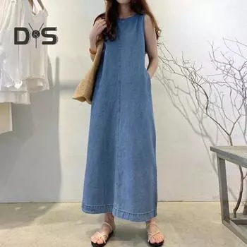 Женское платье-жилет без рукавов с круглым вырезом, сплошной цвет, боковые карманы, свободный халат до щиколотки, повседневное платье макси для свиданий на каждый день S чёрный