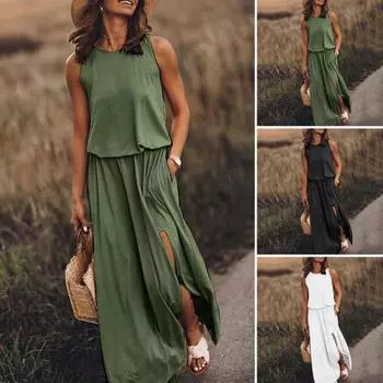 Женское платье-жилет без рукавов с боковыми разрезами и круглым вырезом, плиссированное макси-платье с карманами, однотонное свободное платье для свиданий, повседневных путешествий XXL