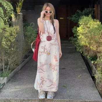 Женское платье-жилет без рукавов, тонкое, летнее, нежное, свободное, длинное платье с принтом L