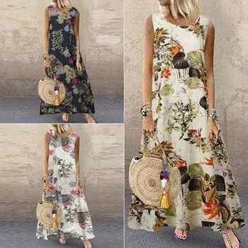 Женское платье-жилет из хлопка и льна в стиле ретро, винтажное повседневное летнее платье с круглым вырезом без рукавов, длинные макси-платья большого размера M жёлтый