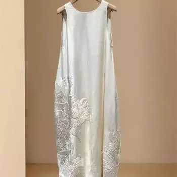 Женское платье-жилет, летнее свободное платье с вышивкой и подтяжками, женское платье средней длины с круглым вырезом и открытой спиной без рукавов XXXXXL бежевый