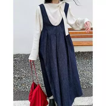 Женское платье-жилет Luxi 2025 года с U-образным вырезом в стиле ретро из денима — универсальный дизайн с длинной юбкой M