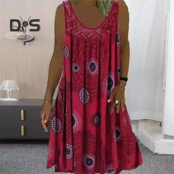 Женское платье-жилет, плиссированное свободное платье без рукавов с U-образным вырезом, винтажное кружевное лоскутное платье с принтом длиной выше колена, большой подол, женское повседневное пляжное платье 2XL фиолетовый