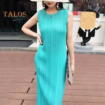 Женское платье-жилет, плиссированное, свободное, с круглым вырезом, однотонное, прямое, без рукавов, длиной до икры, платье миди XXXL чёрный