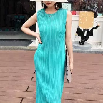 Женское платье-жилет, плиссированное, свободное, с круглым вырезом, однотонное, прямое, OL, дорожная одежда XXXL озеро синий