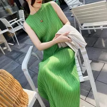 Женское платье-жилет, плиссированное, свободное, с круглым вырезом, однотонное, прямое, без рукавов, длиной до икры, платье миди XXXL темно-синий