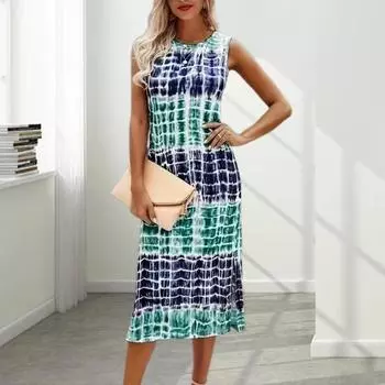 Женское платье-жилет с круглым вырезом и длиной до середины икры, облегающее платье без рукавов с принтом, повседневное для свиданий на работе M жёлтый