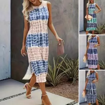 Женское платье-жилет с принтом, без рукавов, с круглым вырезом и разрезом по бокам, облегающее платье длиной до середины икры, повседневное платье миди для путешествий, свиданий и путешествий M жёлтый