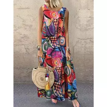 Женское платье-жилет в стиле ретро с цветочным принтом, винтажное повседневное летнее платье с круглым вырезом без рукавов, большие длинные платья макси M красный