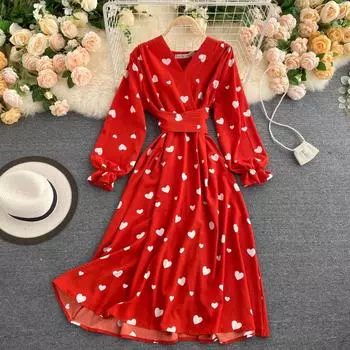 Женское платье, зима-осень, шифоновые платья с v-образным вырезом и принтом феи, женские модные свободные платья 2021 года One Size алабама багровый