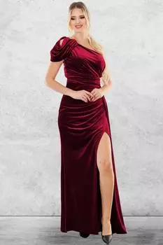 Женское плиссированное длинное бархатное вечернее платье с деталями до плеч