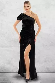 Женское плиссированное длинное бархатное вечернее платье с деталями до плеч