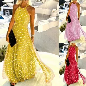 Женское плиссированное длинное платье с круглым вырезом на бретельках и принтом, женское сексуальное пляжное модное платье макси, летнее вечернее платье без рукавов в стиле бохо S чёрный