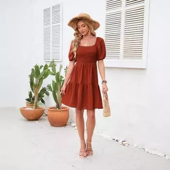 Женское плиссированное мини-платье с квадратным вырезом и милым летним принтом S красный