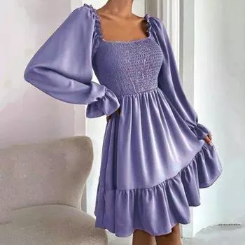 Женское плиссированное мини-платье с запахом на груди, квадратный воротник, длинный рукав, высокая талия, рюши, свободный подол, однотонное платье трапециевидной формы XL чёрный