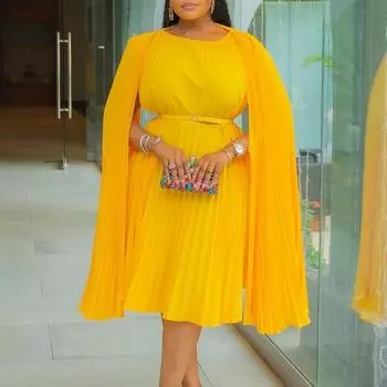 Женское плиссированное модное платье-накидка, темпераментное свободное банкетное платье S жёлтый