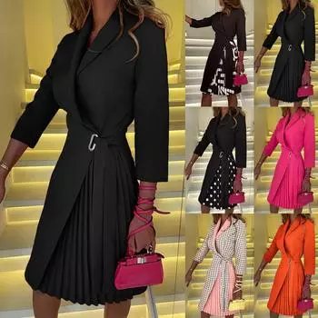 Женское плиссированное однотонное платье с завязками на талии, рукавами 3/4 и V-образным вырезом L чёрный