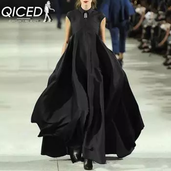 Женское плиссированное однотонное повседневное платье больших размеров QICED S чёрный