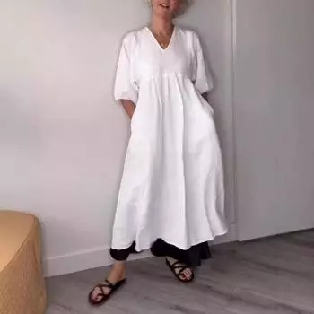 Женское плиссированное однотонное повседневное платье с глубоким V-образным вырезом и карманами S белый
